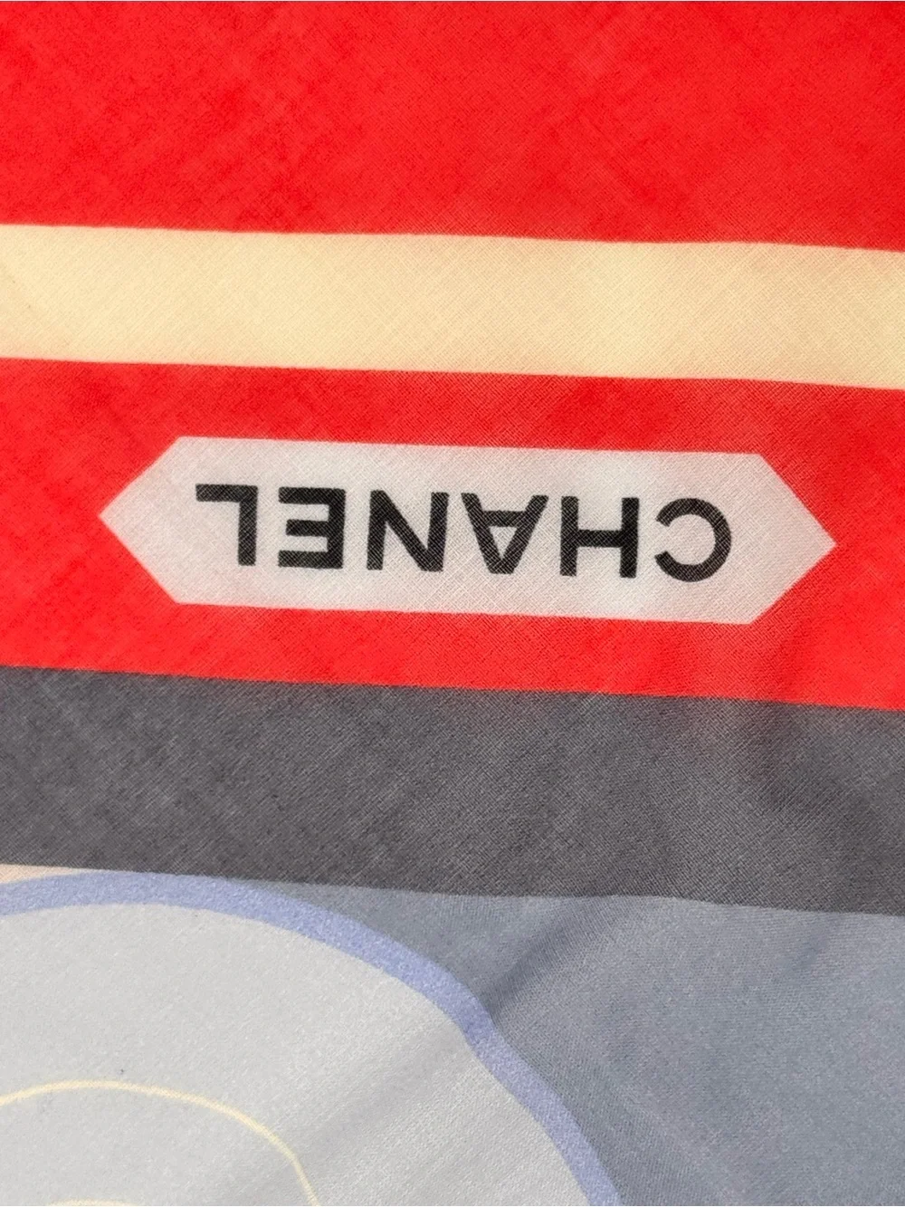 Vintage CHANEL Gabrielle Coco Chanel Silk Scarf Blue Red Graphic Print Italy